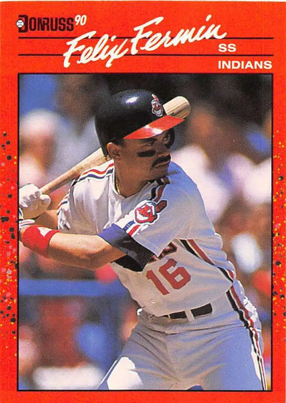 Red-bordered 1990 Donruss Felix Fermin Cleveland Indians baseball card at bat