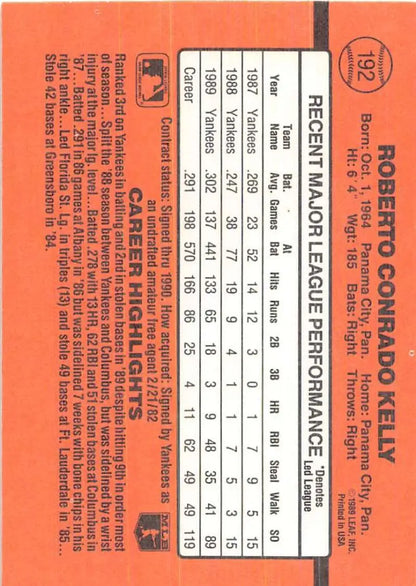 1990 Donruss #192 Roberto Kelly Baseball Card on orange background with stats