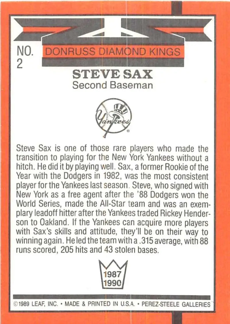 Baseball card of Steve Sax from the 1989 Donruss Diamond Kings, New York Yankees