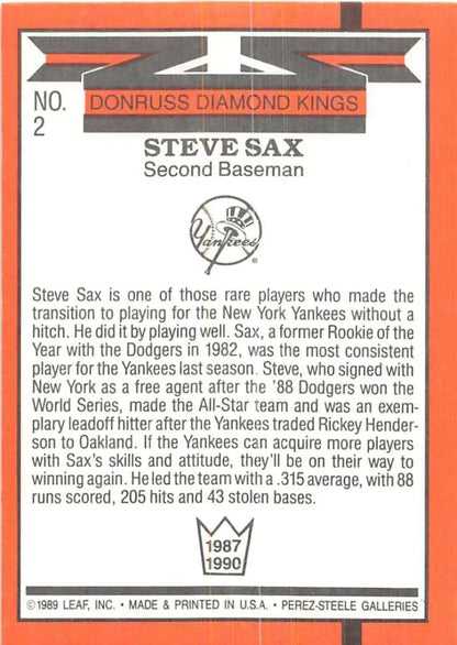 Baseball card of Steve Sax from the 1989 Donruss Diamond Kings, New York Yankees