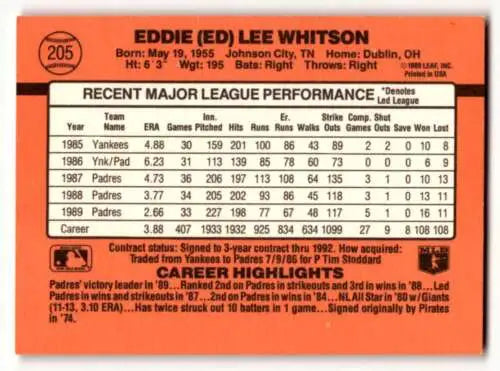 Eddie Whitson baseball card back, original gloss, San Diego Padres collectible