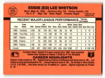 Eddie Whitson baseball card back, original gloss, San Diego Padres collectible