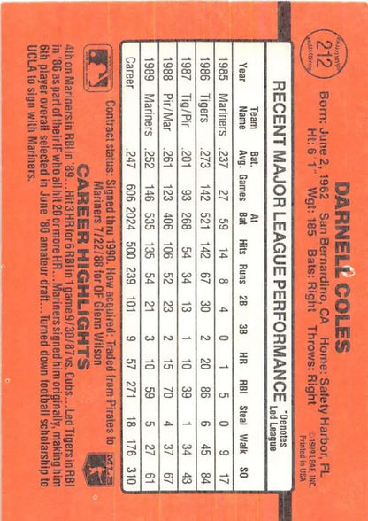 Orange baseball card statistics grid for 1990 Donruss Darnell Coles trading cards