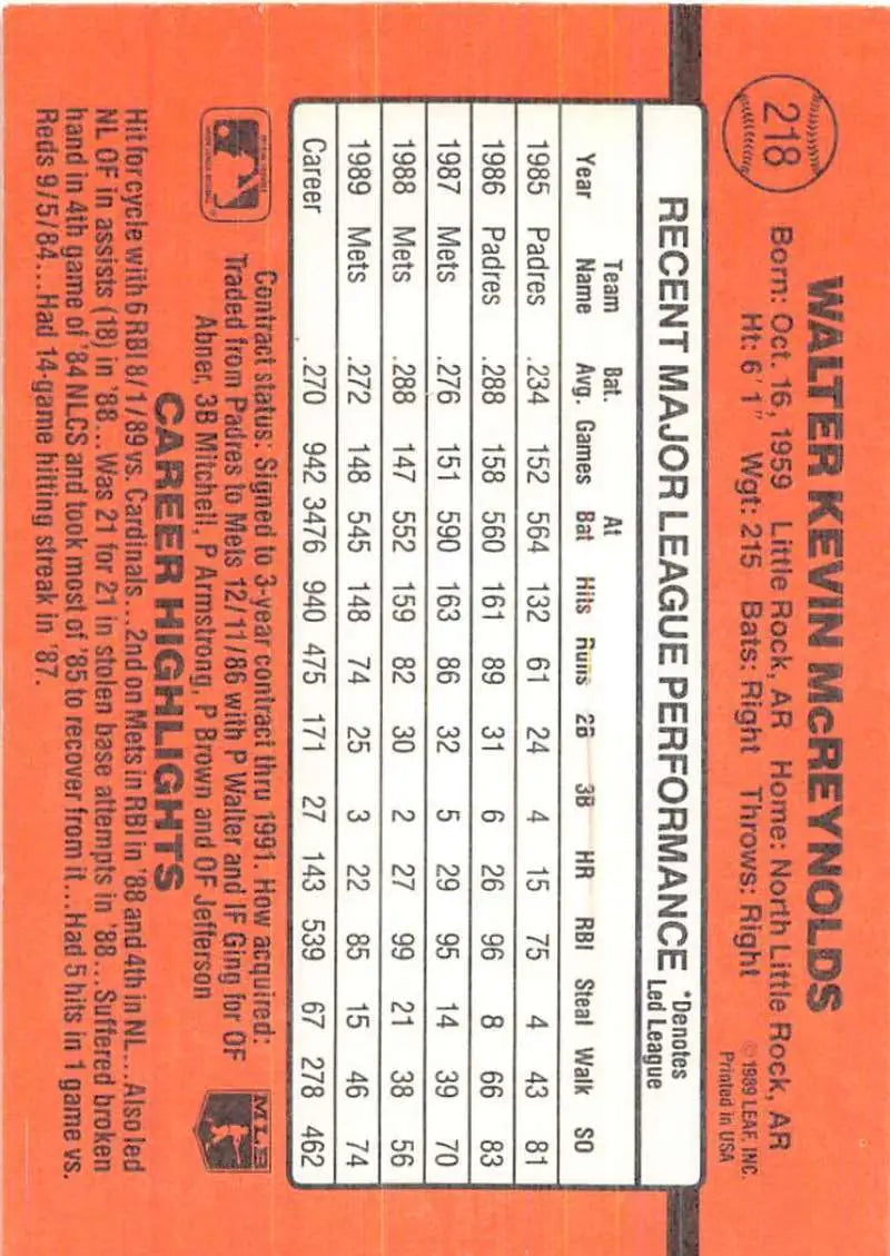 Orange 1990 Donruss #218 Kevin McReynolds New York Mets Baseball Card with stats