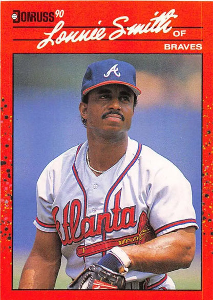 Red-bordered 1990 Donruss baseball card of Lonnie Smith, Atlanta Braves player