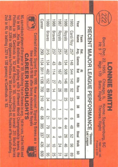 1990 Donruss #222 Lonnie Smith statistics grid on orange background for baseball cards