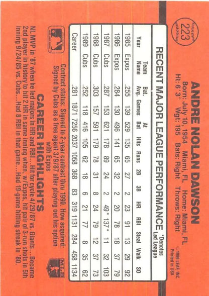 Baseball card statistics grid on orange background for 1990 Donruss Andre Dawson