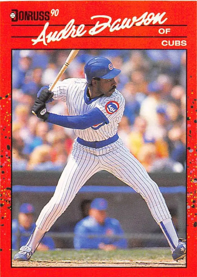 Red-bordered 1990 Donruss #223 Andre Dawson baseball card featuring Cubs outfielder