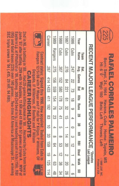 Orange 1990 Donruss baseball card featuring Rafael Palmeiro statistics for Texas Rangers