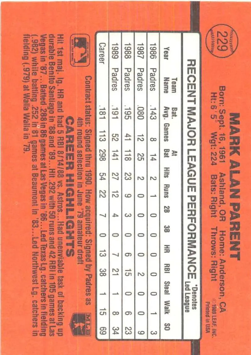 Orange baseball card featuring player stats for 1990 Donruss #229 Mark Parent