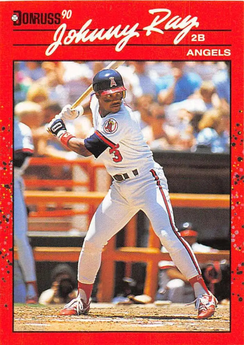 Red-bordered 1990 Donruss Baseball Card of Johnny Ray, California Angels player at bat