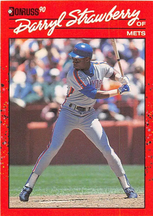 1990 Donruss baseball card of Darryl Strawberry, New York Mets outfielder at bat