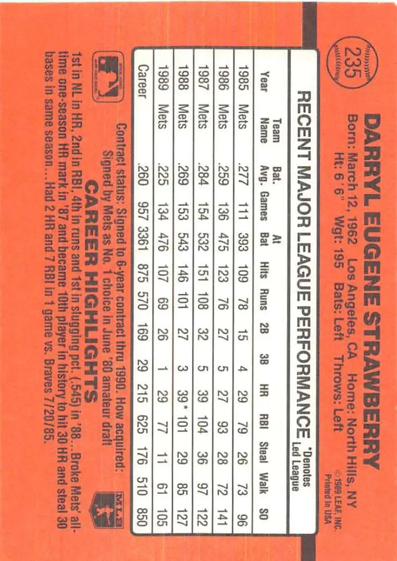 Baseball card statistics grid for 1990 Donruss Darryl Strawberry trading card in orange and black