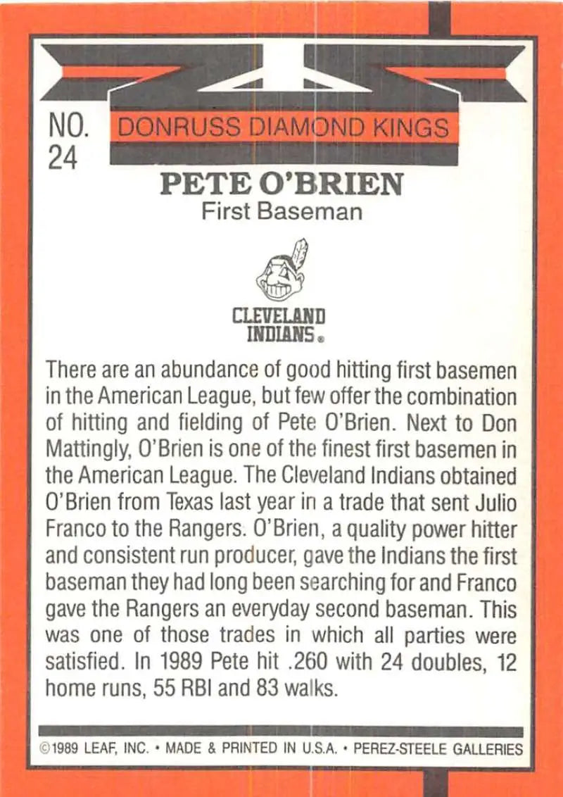 Cleveland Indians Pete O’Brien DK VG-EX baseball card from 1990 Donruss Diamond Kings series