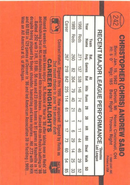 Baseball card statistics grid on orange background for 1990 Donruss Chris Sabo card