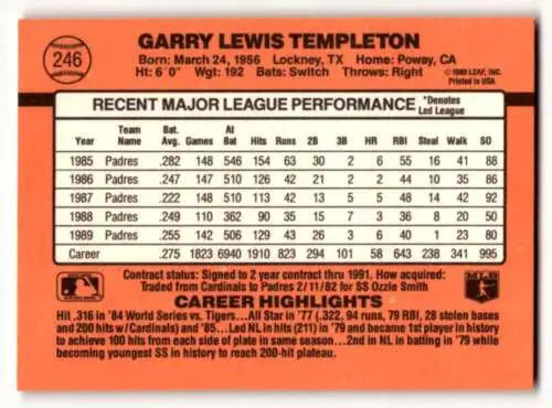 Back of 1990 Donruss #246 Garry Templeton San Diego Padres Baseball Card with original gloss