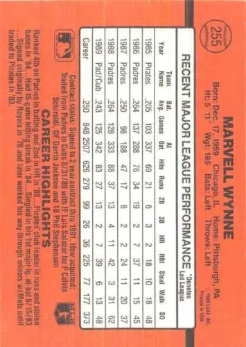 Marvell Wynne baseball card back from 1990 Donruss #255 NM with original gloss