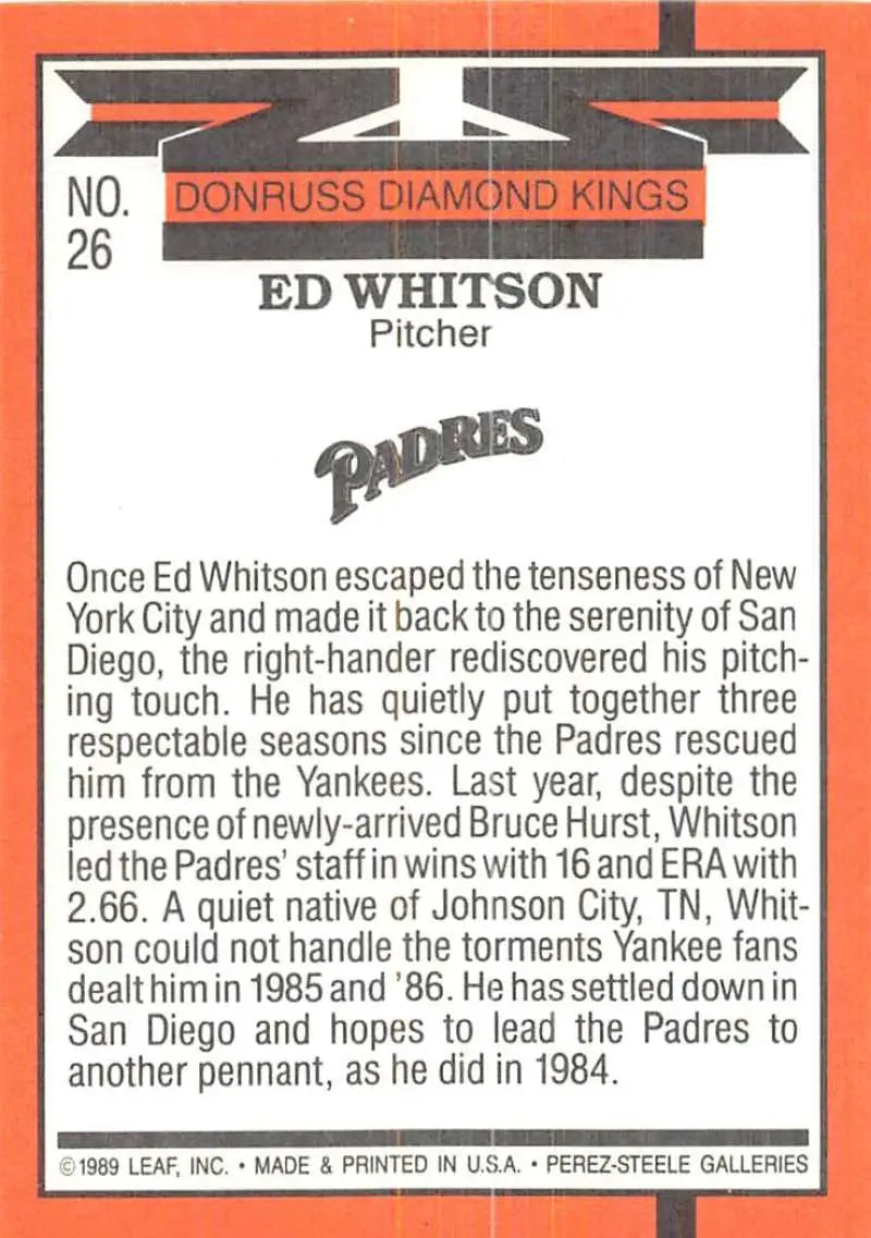 1990 Donruss #26 Ed Whitson DK DP baseball card of San Diego Padres pitcher