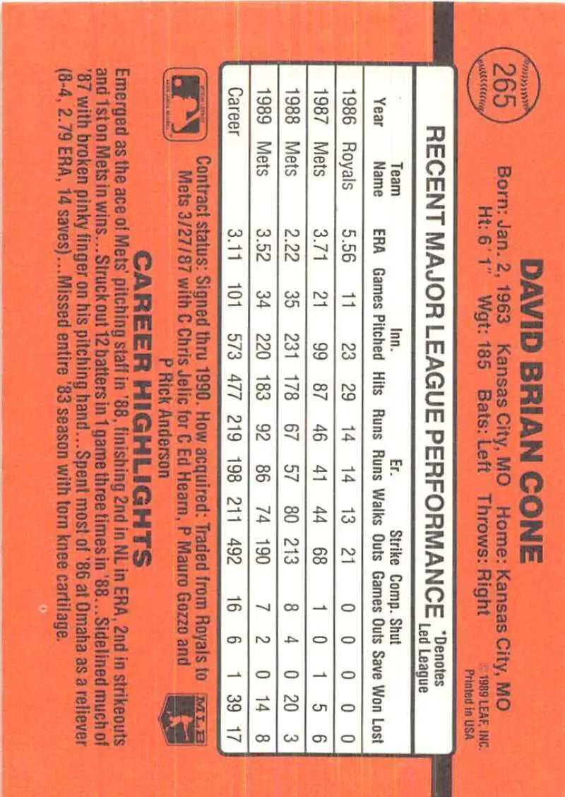 Baseball card statistics grid for 1990 Donruss #265 David Cone New York Mets trading cards