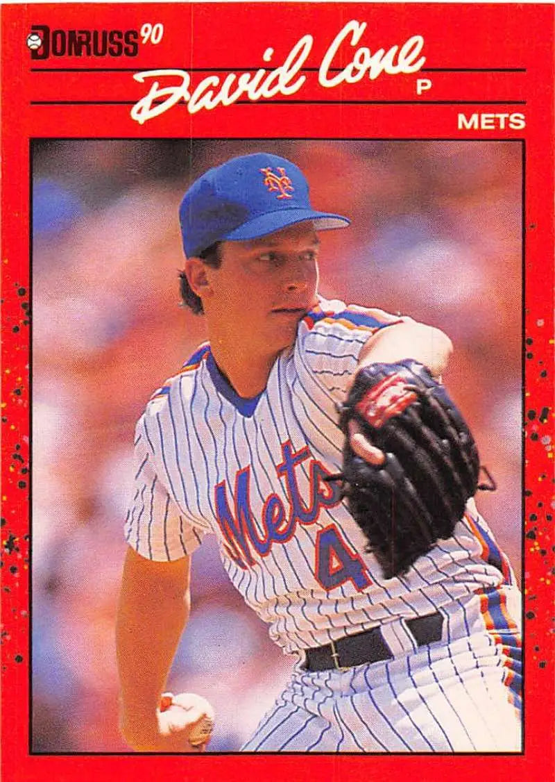 1990 Donruss baseball card of Mets pitcher David Cone in pinstripe uniform