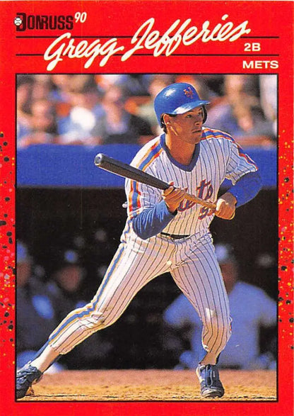 1990 Donruss #270 Gregg Jefferies New York Mets Baseball Card Red Pinstripe Bunt Action