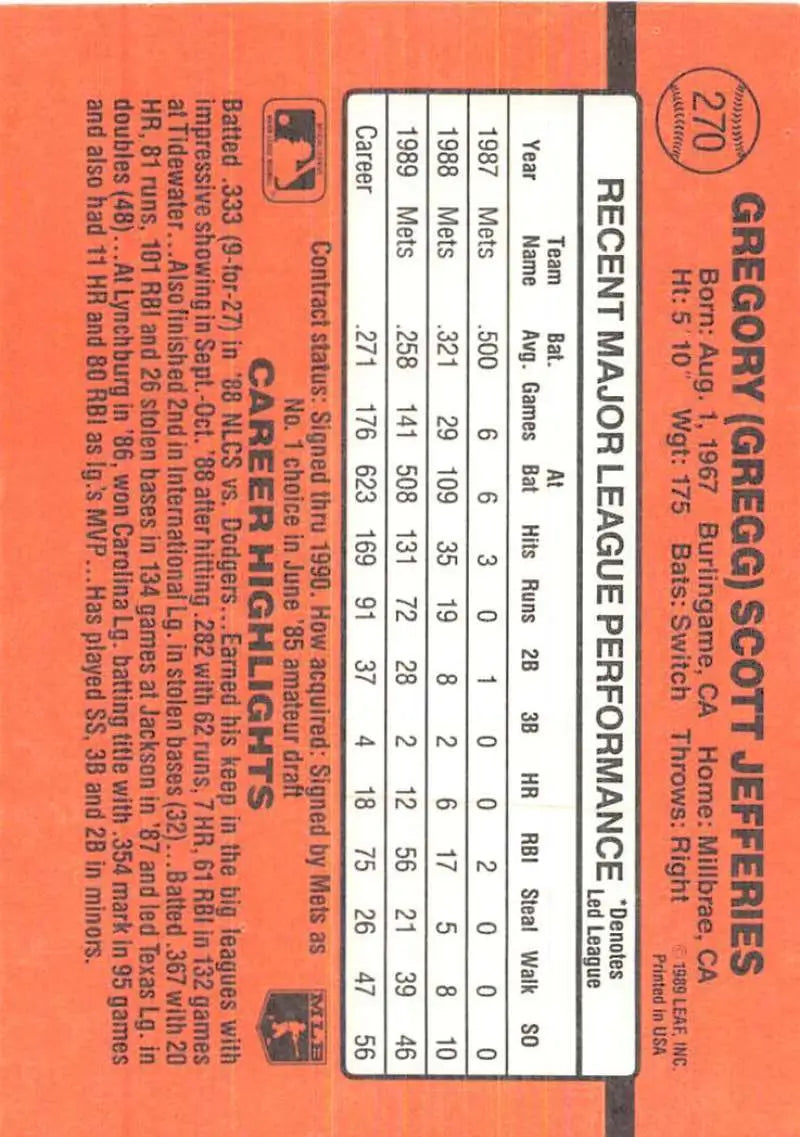 Back of 1990 Donruss Gregg Jefferies baseball card showcasing player stats in red-orange design