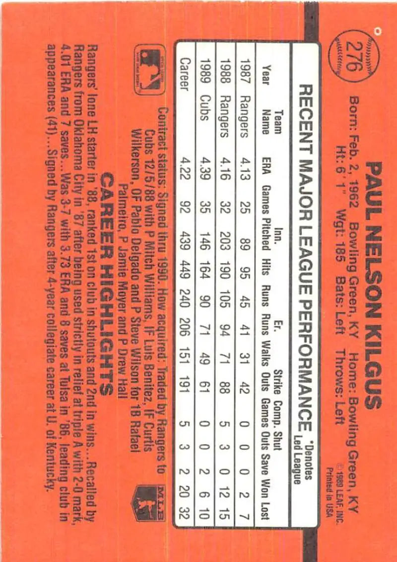 Baseball card statistics grid on orange, showcasing 1990 Donruss Paul Kilgus performance data