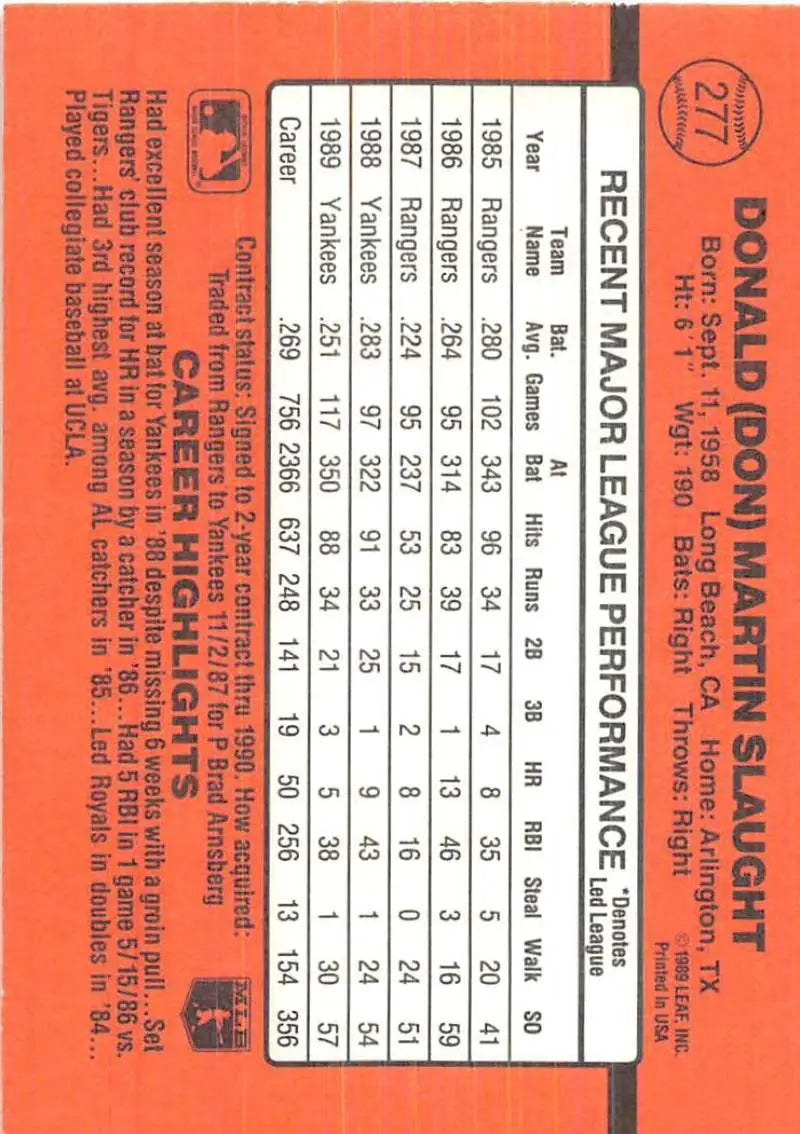 Orange baseball statistics card highlighting performance data for Don Slaught trading cards