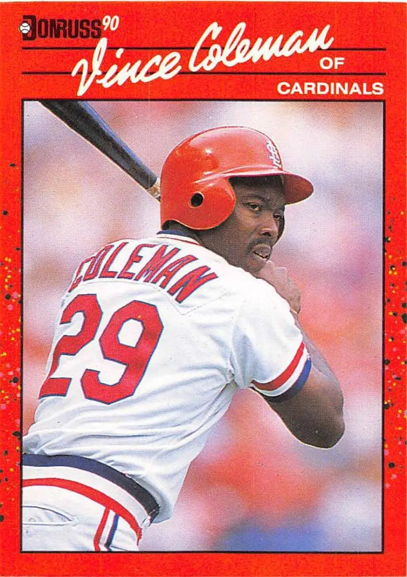 1990 Donruss baseball card of Vince Coleman in batting stance for St. Louis Cardinals