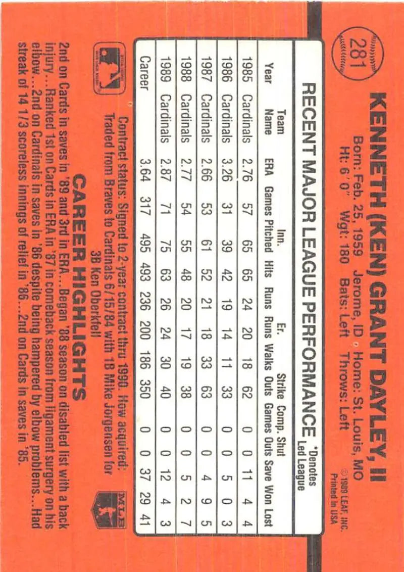 Orange 1990 Donruss Ken Dayley Baseball Card showcasing player stats and performance data