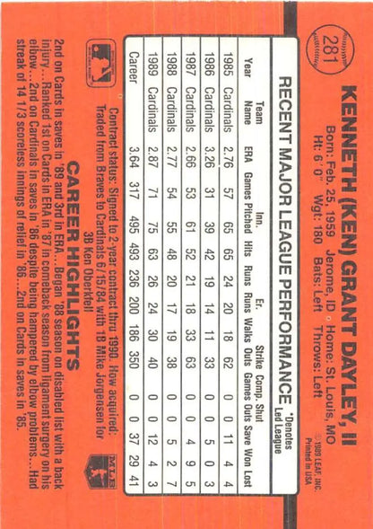 Orange 1990 Donruss Ken Dayley Baseball Card showcasing player stats and performance data