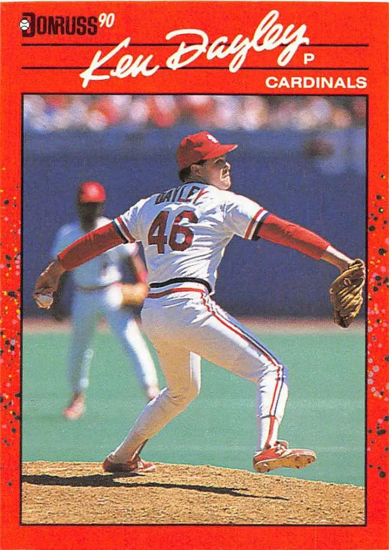 1990 Donruss #281 Ken Dayley baseball card showing a Cardinals pitcher mid-delivery