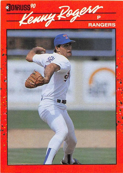 Red-bordered 1990 Donruss #283 Kenny Rogers Texas Rangers Baseball Card mid-throw