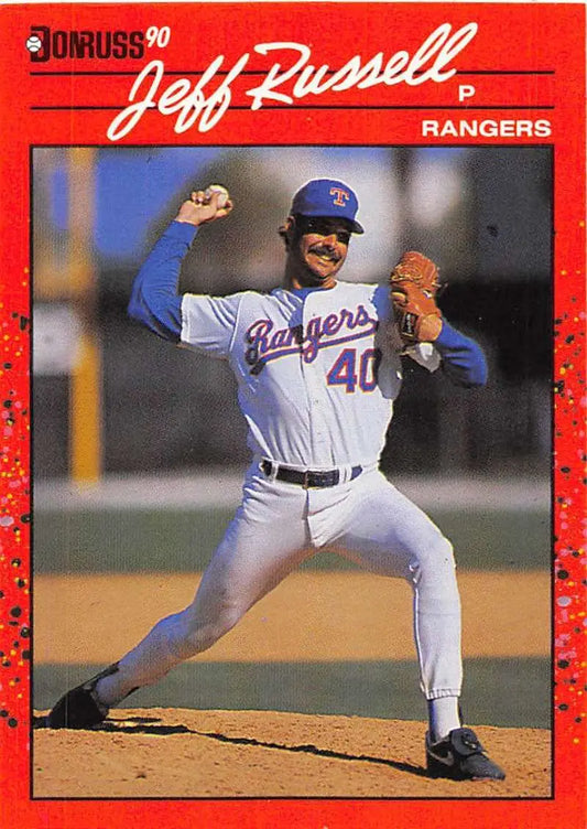 1990 Donruss #284 Jeff Russell Texas Rangers Baseball Card featuring a pitcher delivery