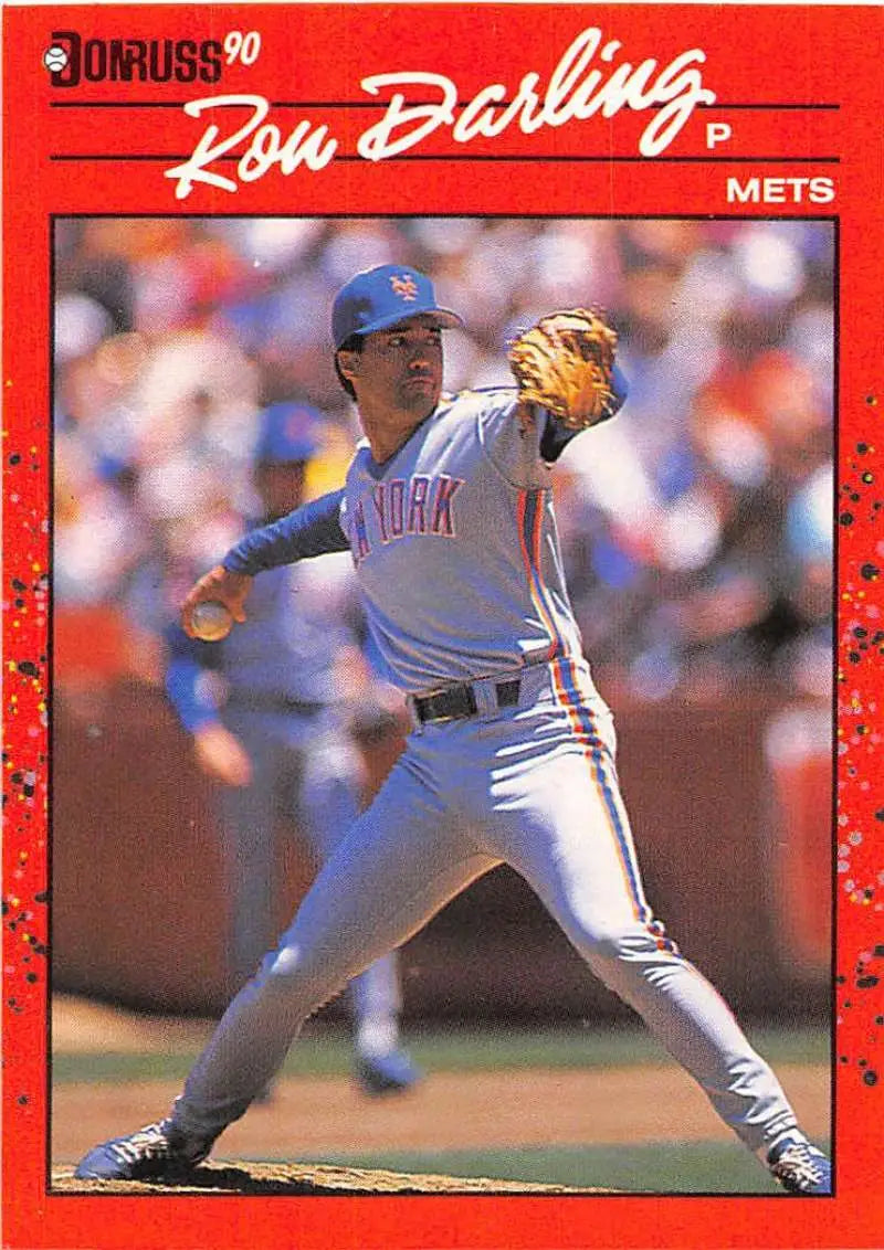 Mets pitcher Ron Darling in mid-throw on 1990 Donruss baseball card, excellent trading cards