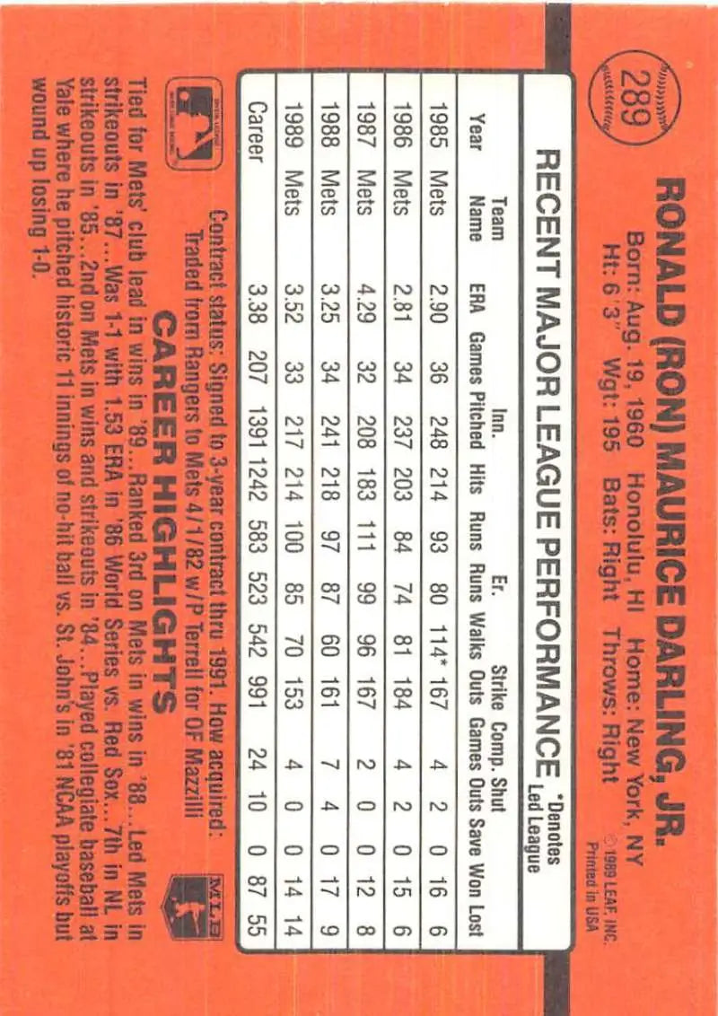 Orange baseball card featuring player stats of Ron Darling, a top trading card for collectors