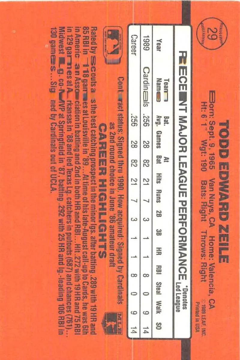 Orange train ticket featuring Todd Zeile and St. Louis Cardinals baseball card design