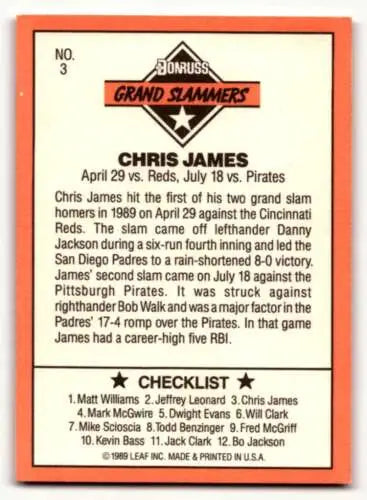 Back of 1990 Donruss #3 Chris James San Diego Padres Baseball Card with original gloss