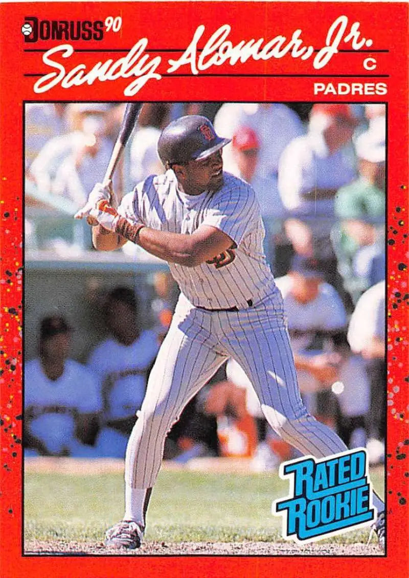 1990 Donruss Sandy Alomar Jr. baseball card featuring San Diego Padres player at bat