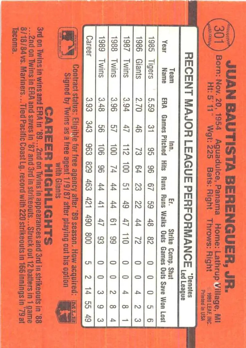 Orange baseball performance card featuring Juan Berenguer from 1990 Donruss trading cards