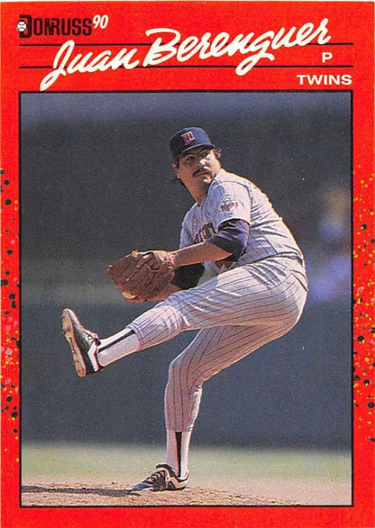 1990 Donruss #301 Juan Berenguer baseball card featuring Twins pitcher mid-delivery