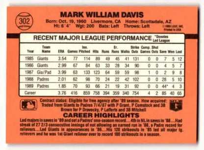 Mark William Davis baseball card back from 1990 Donruss #302, original gloss, San Diego