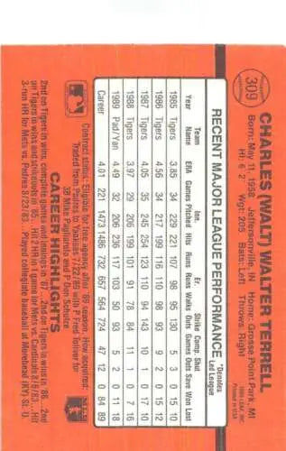 Back of 1990 Donruss #309 Walt Terrell card with original gloss, Yankees collectible