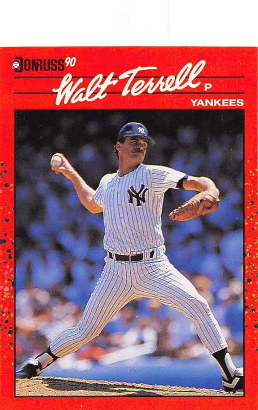 Red-bordered 1990 Donruss baseball card of Yankees pitcher Walt Terrell in action