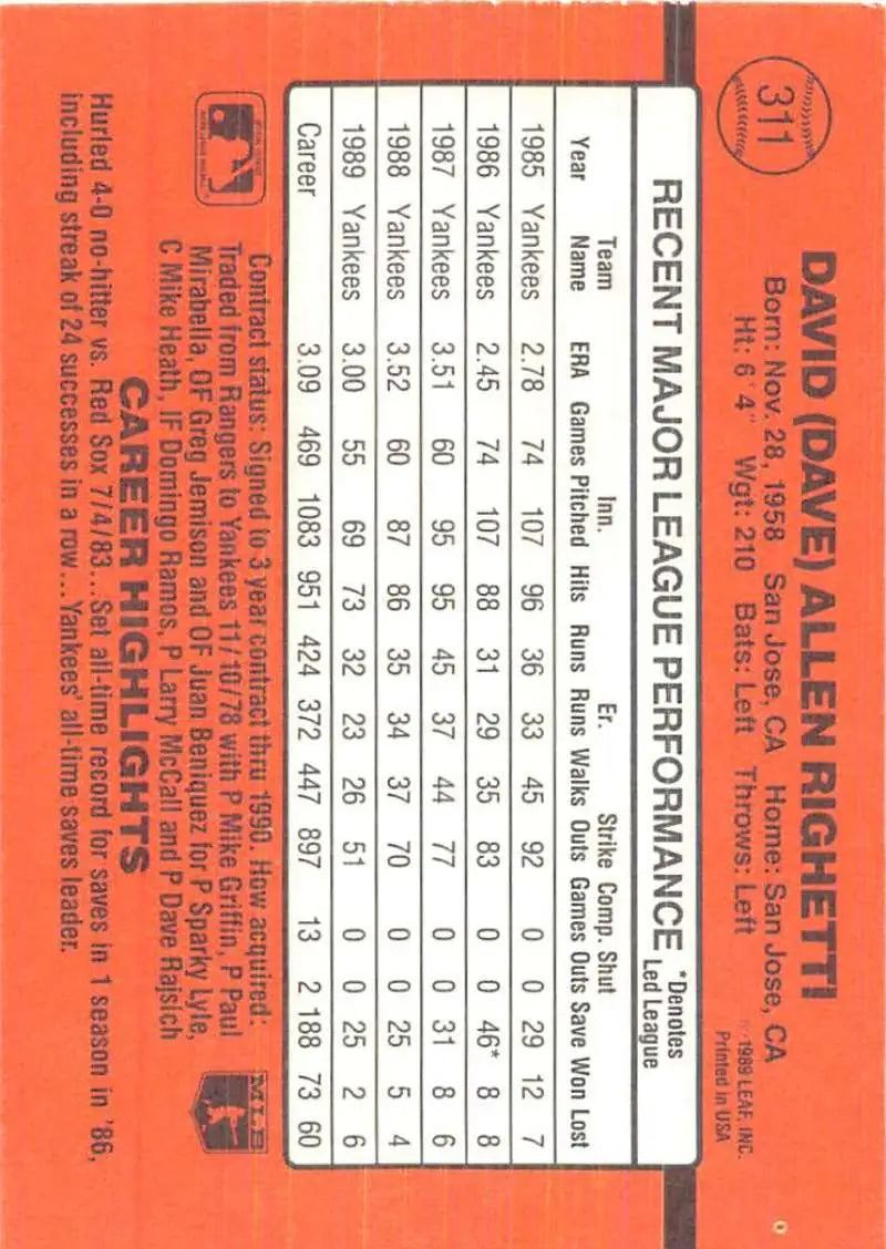 Orange baseball card featuring player stats for 1990 Donruss #311 Dave Righetti