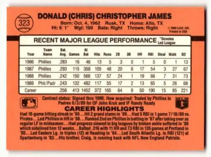 Back of 1990 Donruss #323 Chris James San Diego Padres Baseball Card with original gloss