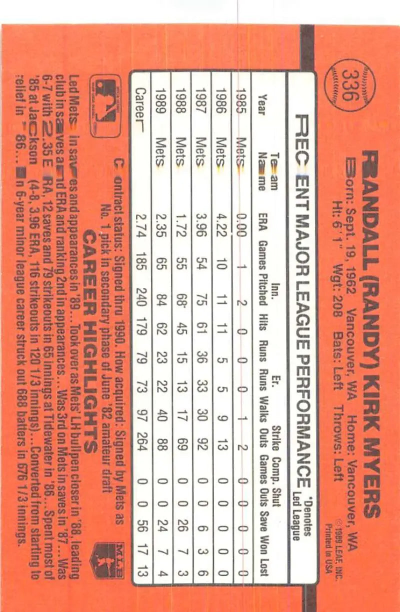 Orange 1990 Donruss Randy Myers baseball card with player stats for trading cards collection