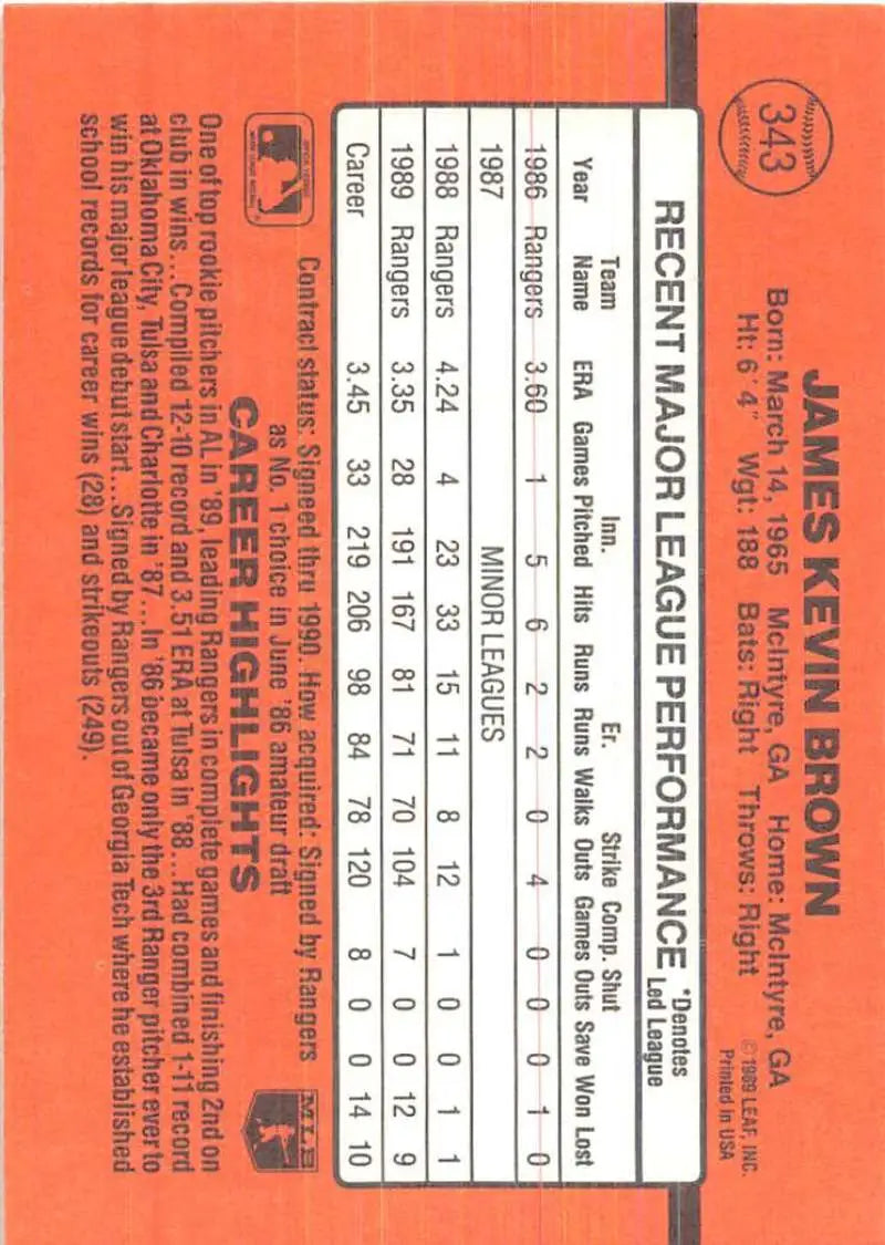 Orange 1990 Donruss Kevin Brown Texas Rangers Baseball Card with player stats