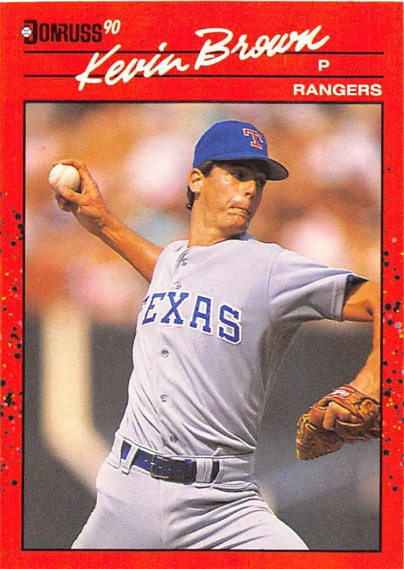 Texas Rangers pitcher Kevin Brown mid-throw on 1990 Donruss baseball card