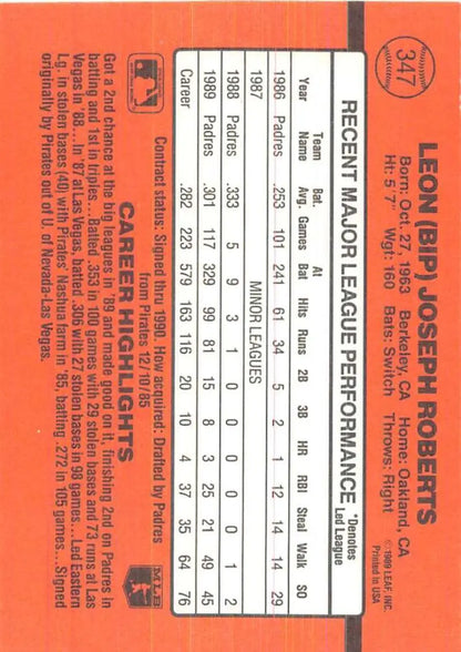 Orange baseball card featuring Bip Roberts career stats and player info for trading cards